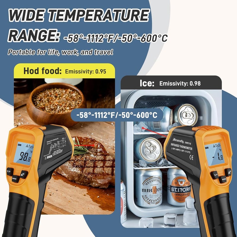 AHOSOUTLY Infrared Thermometer Laser Temperature Gun -58℉ to 1112℉,with Cal Calibration and Adjustable Emissivity,Min& Max Measure,for Cooking,Oven,Meat Food,HVAC,Appliance（Yellow） - Image 5